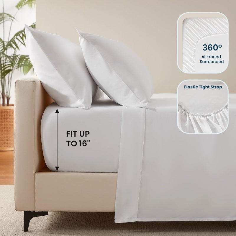 SLEEP ZONE Nanotex Super Soft Cooling Full Size Bed Sheets Set 4 Piece - Easy Care Fitted Flat Sheet & Pillowcase Sets - Wrinkle Free, Fade Resistant, Deep Pocket 16" (White, Full) - Image 5